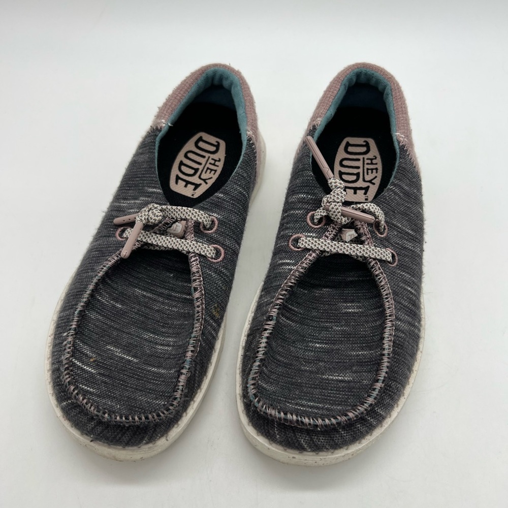 Hey Dude Casual Slip-On Wendy Jersey Shoes in Charcoal with Dusty Pink Trim